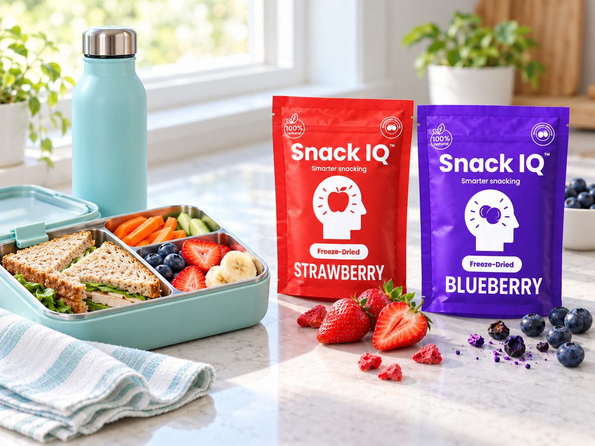 Snack IQ strawberry and blueberry fruit snacks beside a packed lunchbox